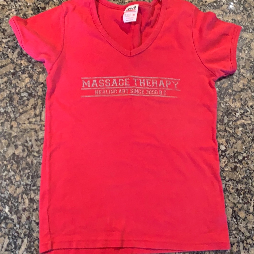 Red v-neck massage therapy Anvil shirt fits like s